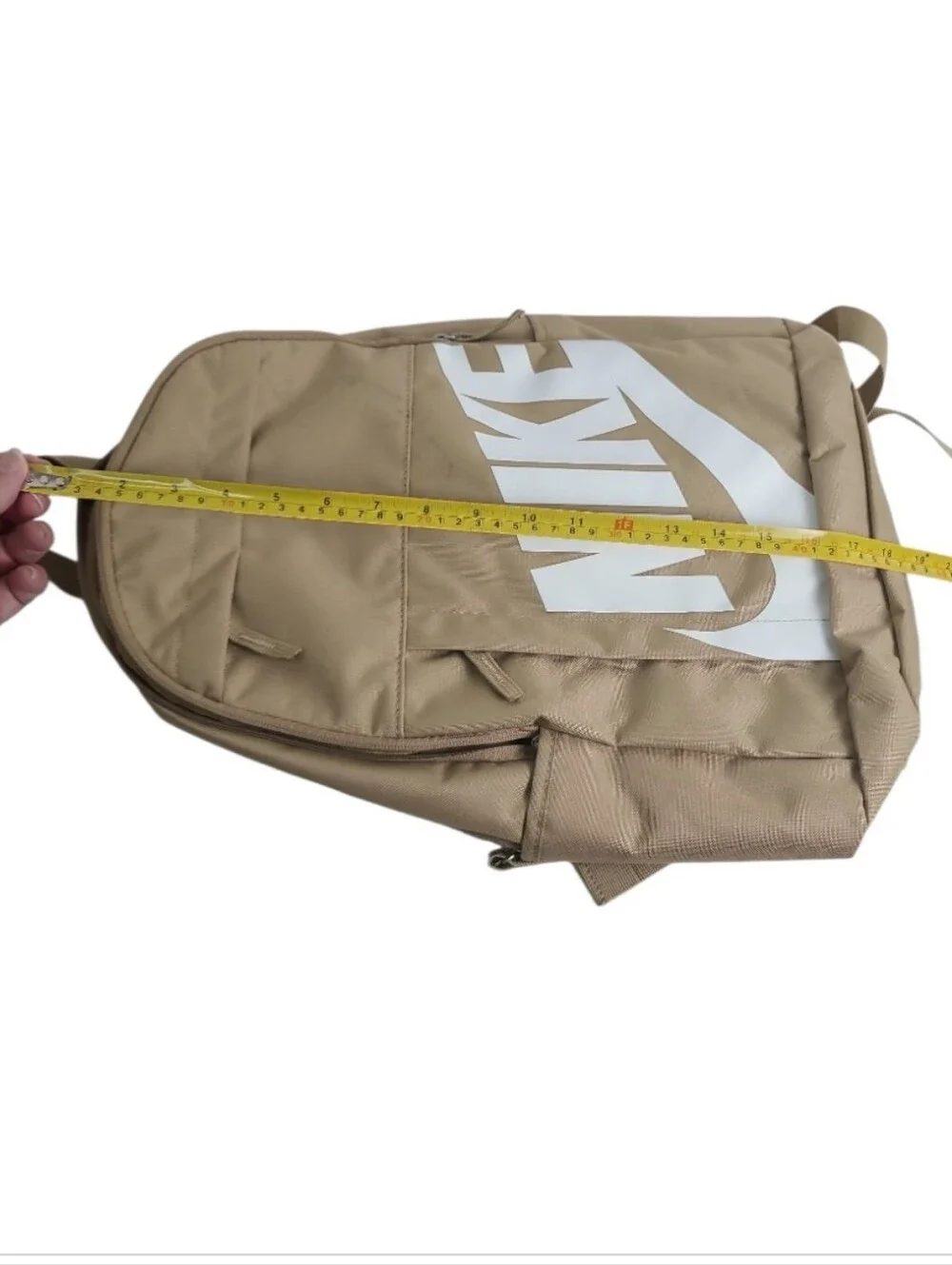 NWT NIKE Mulriple Zip Compartment Pockets Backpack Tan Beige with White Logo